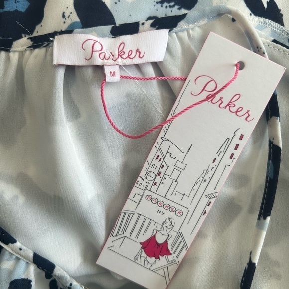 Parker White Blue Snow Leopard Ruffle Print Dress Size M - Picture 7 of 9